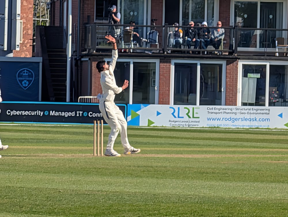Shoaib Bashir bowling at Derby versus Gloucestershire in April 2026